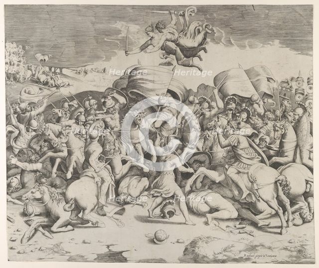 Constantine defeating the tyrant Maxentius, angels carrying swords fly above, 1544., 1544. Creator: Giulio Bonasone.