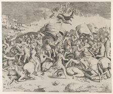 Constantine defeating the tyrant Maxentius, angels carrying swords fly above, 1544., 1544. Creator: Giulio Bonasone
