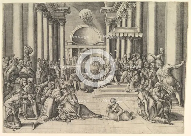 Constantine Presenting the City of Rome to the Holy See, at right, many spectators ..., ca. 1530-61. Creator: Battista Franco Veneziano.