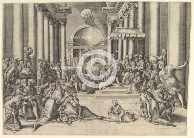 Constantine Presenting the City of Rome to the Holy See, at right, many spectators ..., ca. 1530-61. Creator: Battista Franco Veneziano.
