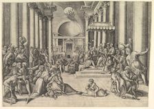 Constantine Presenting the City of Rome to the Holy See, at right, many spectators ..., ca. 1530-61. Creator: Battista Franco Veneziano