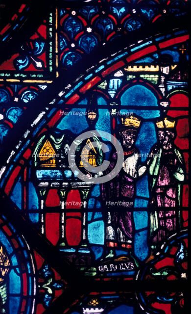 Constantine presents relics to Charlemagne, stained glass, Chartres Cathedral, France, c1225. Artist: Unknown