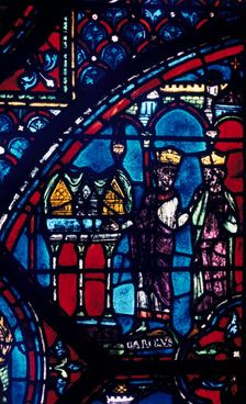 Constantine presents relics to Charlemagne, stained glass, Chartres Cathedral, France, c1225
