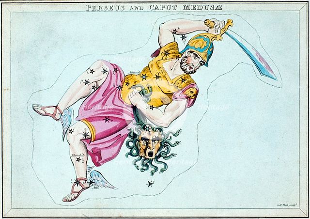 Constellation of Perseus, showing him carrying the head of Medusa, c1820. Artist: Unknown