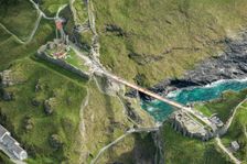 Construction of new Tintagel Castle footbridge, Cornwall, 2019. Creator: Damian Grady