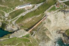 Construction of new Tintagel Castle footbridge, Cornwall, 2019. Creator: Damian Grady