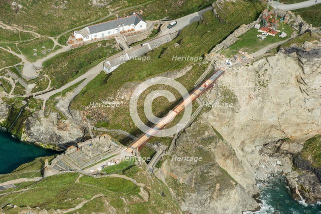 Construction of new Tintagel Castle footbridge, Cornwall, 2019. Creator: Damian Grady.