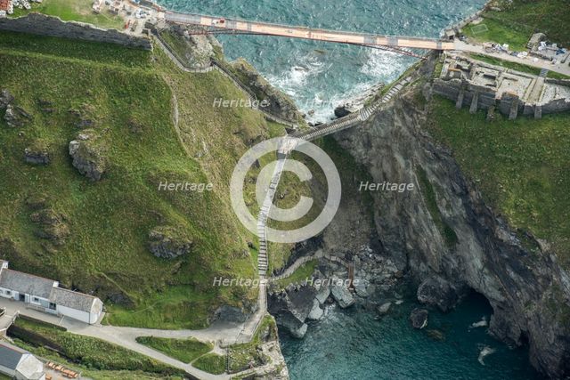 Construction of new Tintagel Castle footbridge, Cornwall, 2019. Creator: Damian Grady.