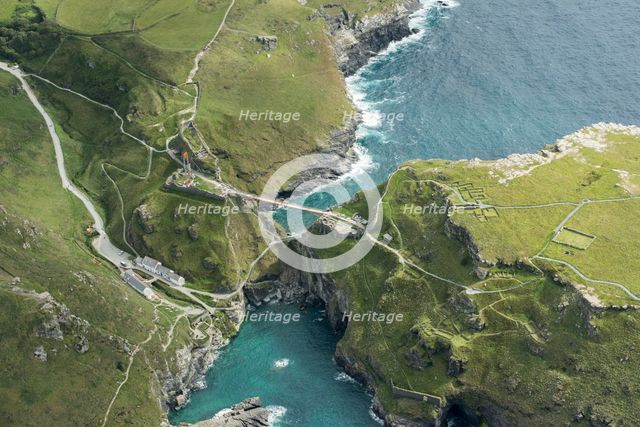 Construction of new Tintagel Castle footbridge, Cornwall, 2019. Creator: Damian Grady.