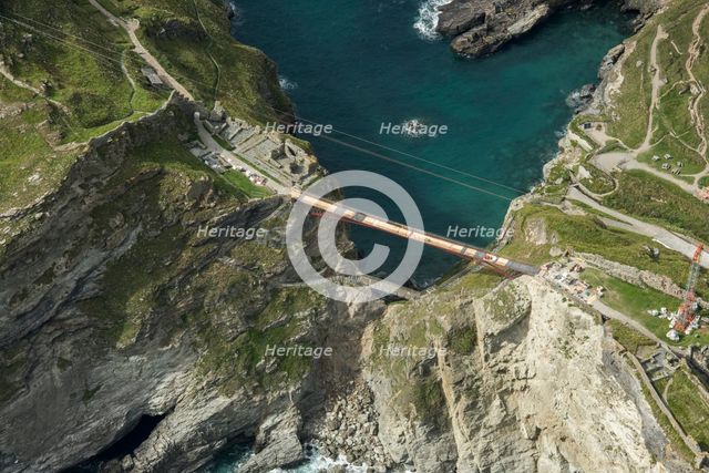 Construction of new Tintagel Castle footbridge, Cornwall, 2019. Creator: Damian Grady.