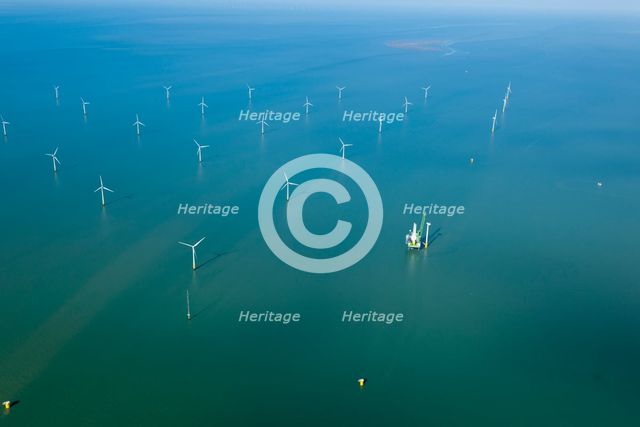 Construction of new wind turbine at Kentish Flats Offshore Wind Farm, 2015. Creator: Historic England.