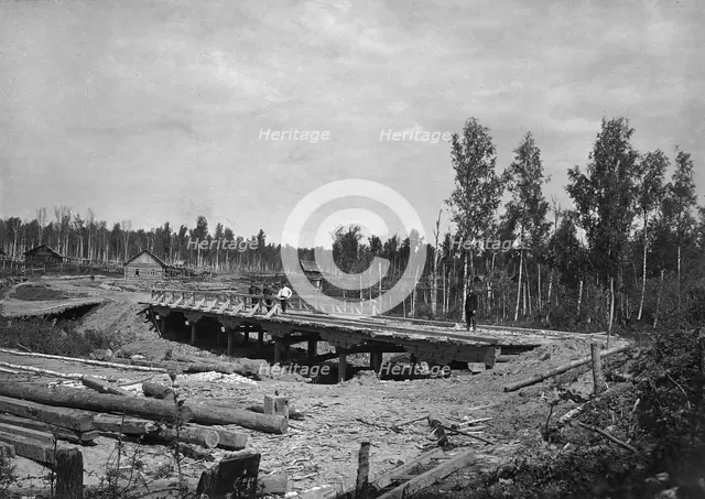 Construction of a Bridge 18 Sazhens Long Across the Khilok River on the Povarenskaia Road, 1909. Creator: Dorozhno-Stroitel'nyi Otdel.