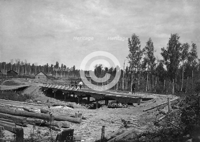 Construction of a Bridge 18 Sazhens Long Across the Khilok River on the Povarenskaia Road, 1909. Creator: Dorozhno-Stroitel'nyi Otdel.