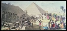 Construction of a pyramid, engraving, 1862