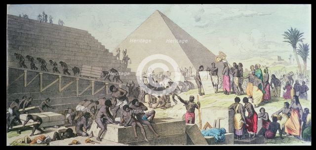 Construction of a pyramid, engraving, 1862.