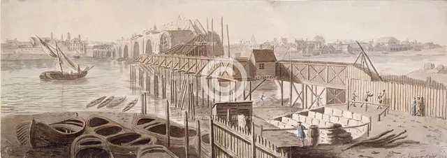 Construction of Blackfriars Bridge, c1762. Artist: Francis Grose