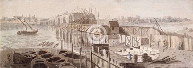 Construction of Blackfriars Bridge, c1762. Artist: Francis Grose