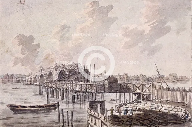Construction of Blackfriars Bridge, London, c1762.  Artist: Francis Grose