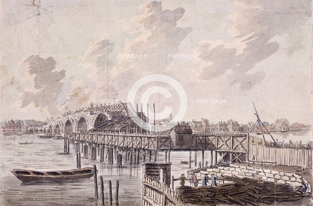 Construction of Blackfriars Bridge, London, c1762.  Artist: Francis Grose