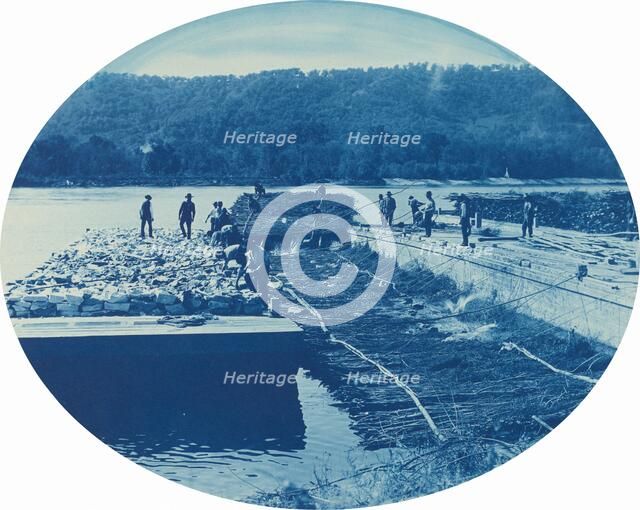 Construction of Rock and Brush Dam, Low. Water. 1891, 1891. Creator: Henry Bosse.