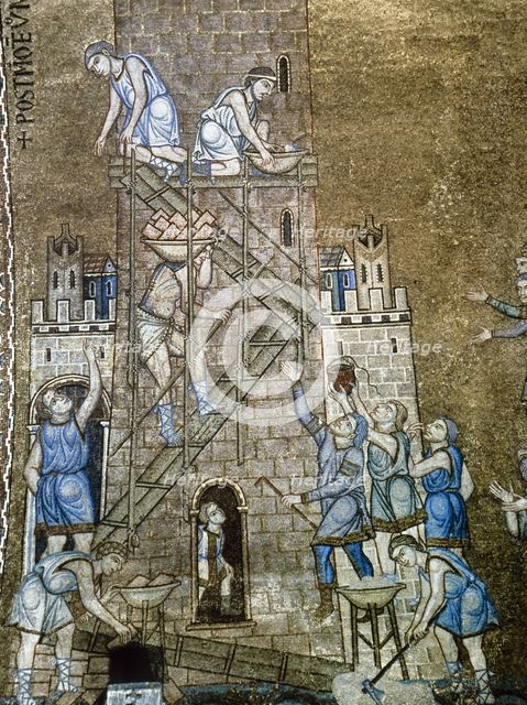 Construction of the Tower of Babel, mosaic, north vault of Saint Mark's Basilica, 13th century. Creator: LTL.