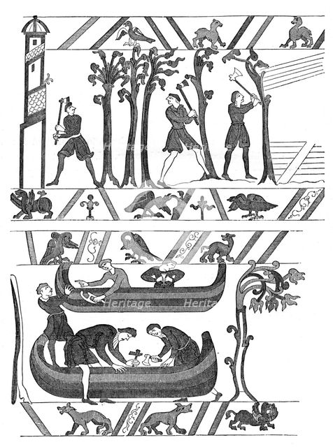 Construction of the boats for William I, Bayeux Tapestry, c1070s, (1870). Artist: Unknown