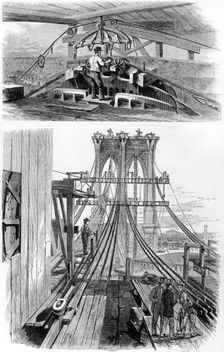 Construction of the Brooklyn Suspension Bridge, New York, USA, 1880. Creator: Unknown
