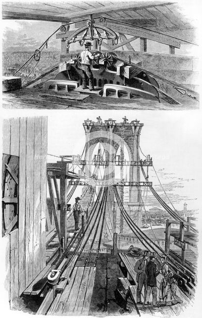 Construction of the Brooklyn Suspension Bridge, New York, USA, 1880. Creator: Unknown.