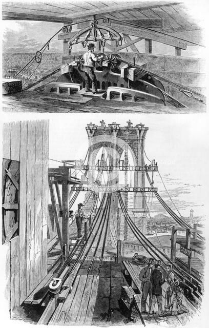 Construction of the Brooklyn Suspension Bridge, New York, USA, 1880. Artist: Unknown