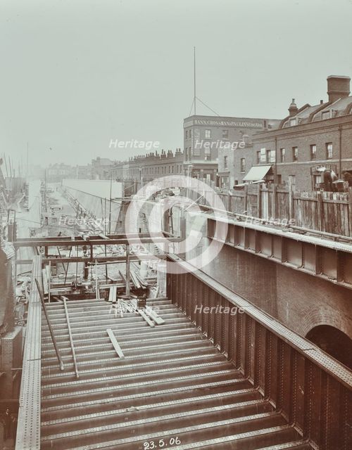 Construction of the bridge approach to Rotherhithe Tunnel, Bermondsey, London, 1906. Artist: Unknown.