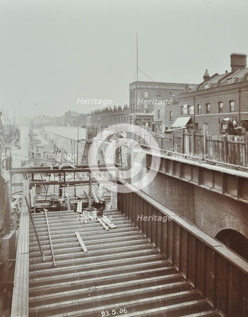 Construction of the bridge approach to Rotherhithe Tunnel, Bermondsey, London, 1906. Artist: Unknown.