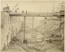Construction of the expanded Limehouse Basin, London, May 1869. Artist: Lucas and Tuck