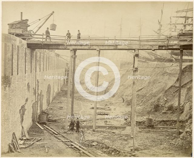 Construction of the expanded Limehouse Basin, London, May 1869. Artist: Lucas and Tuck.