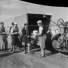 Construction of the M1, the London to Yorkshire Motorway, queuing for the catering van, 09/1958. Creator: John Laing plc