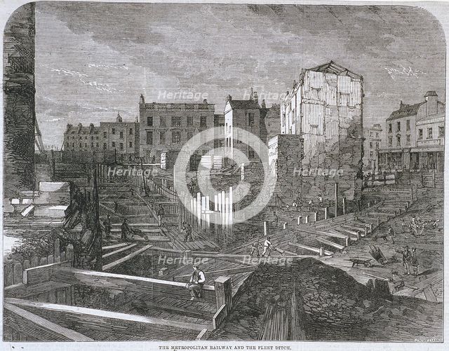 Construction of the Metropolitan Railway and Fleet Ditch,  London, 1862. Artist: Anon