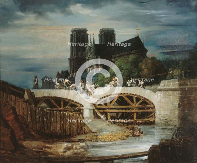 Construction of the Pont de l'Archeveche, around 1828, current 4th arrondissement, c1823-1833. Creator: Unknown.