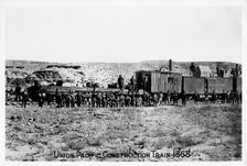 Construction train on the Union Pacific Railroad, USA, 1868. Creator: Unknown