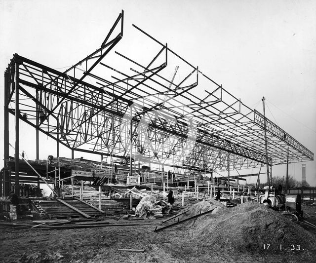 Construction underway on the Members Stand at Kempton Park Racecourse Surrey, 1933. Artist: Unknown