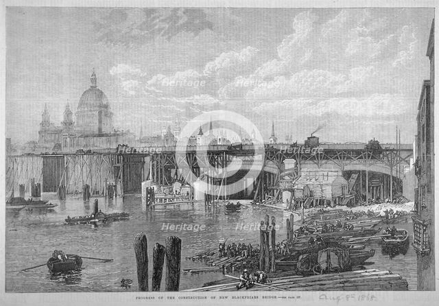 Construction work being carried out on Blackfriars Bridge, London, 1868. Artist: Anon