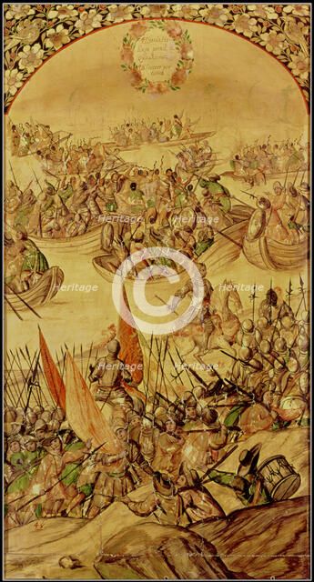 Conquest of America, García de Holguín occupying Quanhtemoc, painting from 1698 by Miguel Gonzale…