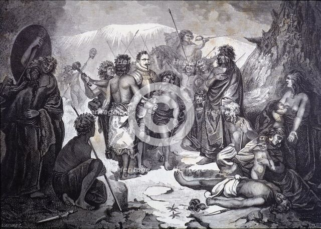 Conquest of America, last moments of the Spanish conqueror Pedro de Valdivia (1497 - 1553) after …