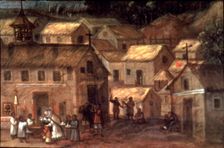 Conquest of America. New village and SP de Alcántara, where the Indians live. Detail from the boo…