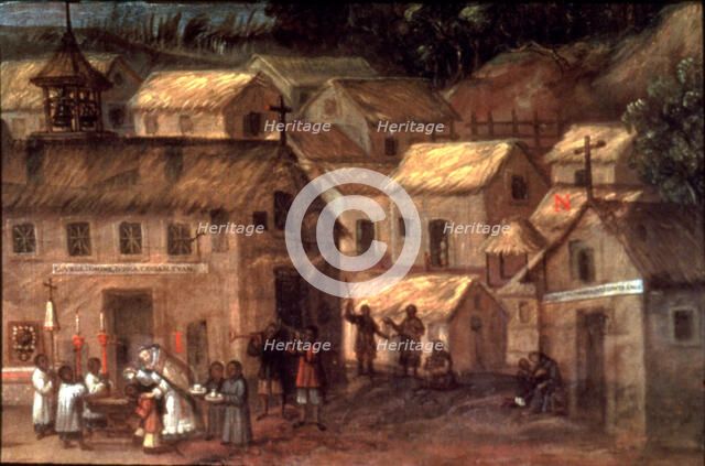 Conquest of America. New village and SP de Alcántara, where the Indians live. Detail from the boo…