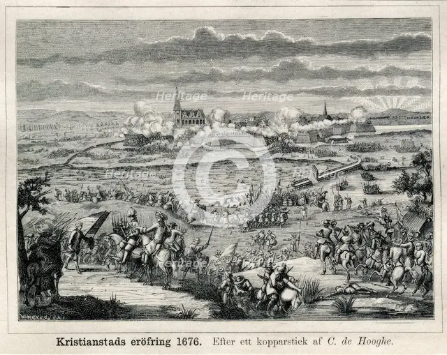 Conquest of Kristianstad, 1676. From Now and Then, 1887. After copper engraving by C. de Hooghe. Creator: C. de Hooghe (After)..