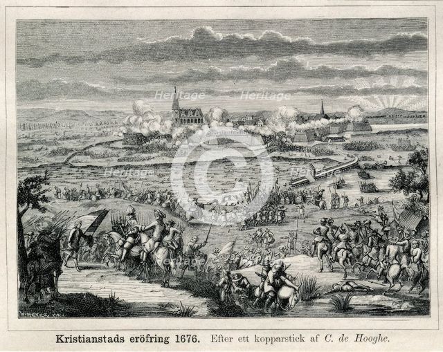 Conquest of Kristianstad, 1676. From Now and Then, 1887. After copper engraving by C. de Hooghe. Creator: C. de Hooghe (After)..