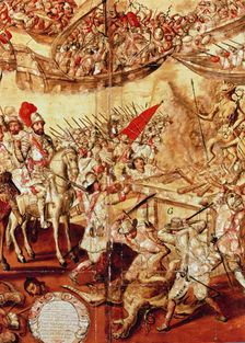 Conquest of Mexico, Hernan Cortes orders to burn and destroy the idols detail of a nacred pain…