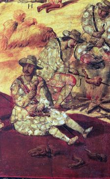 Conquest of Mexico, The conquerors eating dog meat hunger corking detail of a Painting of 1698