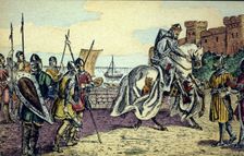 Conquest of Seville by King Ferdinand III The Saint in 1248, colored engraving
