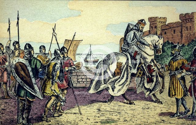 Conquest of Seville by King Ferdinand III 'The Saint' in 1248, colored engraving.