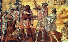 Conquerors cut the hands to two spies of Xicotenca the Younger, detail of a nacred painting, 1698